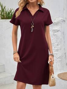 Faunlyn Blue Casual Batwing Sleeve Dress Summer - Burgundy - View 3