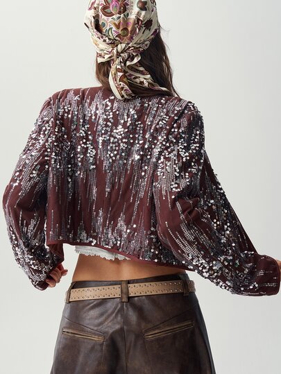 Bohemela Open Front Crop Sequin Coat Night Party Silver Summer Sequin Boho