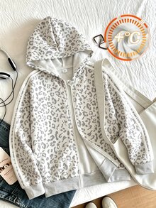 SHEIN 女童時尚休閒豹紋連帽拉鍊長袖外套，袖口飾邊編織帶設計，秋季返校穿搭 - 灰色 - 查看 9
