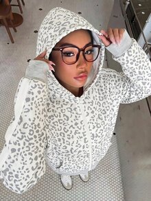 SHEIN 女童時尚休閒豹紋連帽拉鍊長袖外套，袖口飾邊編織帶設計，秋季返校穿搭 - 灰色 - 查看 1