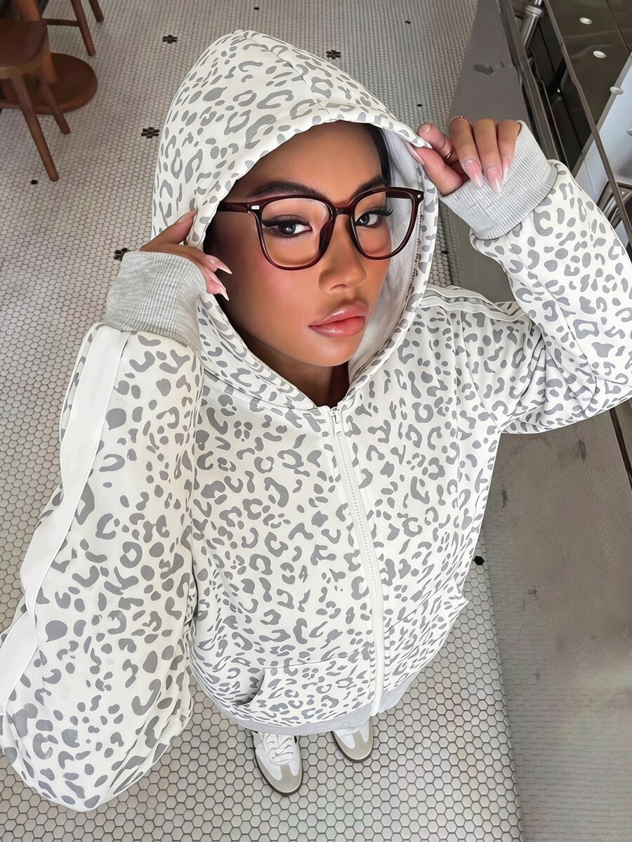 SHEIN 女童時尚休閒豹紋連帽拉鍊長袖外套,袖口飾邊編織帶設計,秋季返校穿搭 - 灰色 - 查看 1