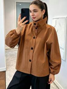 Elegantrix Fall/Winter Plus Size Women's Caramel Color Woven Stand Collar Button-Up Lantern Sleeve Short Jacket,Commuter Casual Versatile Outerwear Going Out Top - Brown - View 1