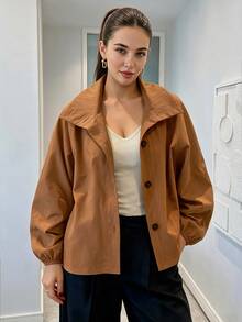 Elegantrix Fall/Winter Plus Size Women's Caramel Color Woven Stand Collar Button-Up Lantern Sleeve Short Jacket,Commuter Casual Versatile Outerwear Going Out Top - Brown - View 6