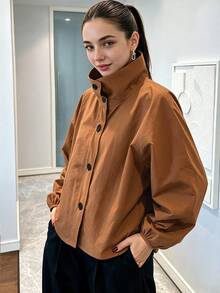 Elegantrix Fall/Winter Plus Size Women's Caramel Color Woven Stand Collar Button-Up Lantern Sleeve Short Jacket,Commuter Casual Versatile Outerwear Going Out Top - Brown - View 5