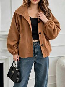 Elegantrix Fall/Winter Plus Size Women's Caramel Color Woven Stand Collar Button-Up Lantern Sleeve Short Jacket,Commuter Casual Versatile Outerwear Going Out Top - Brown - View 4
