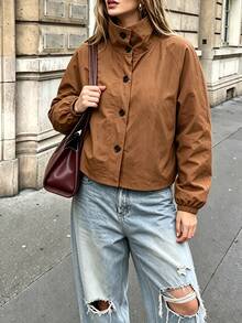 Elegantrix Fall/Winter Plus Size Women's Caramel Color Woven Stand Collar Button-Up Lantern Sleeve Short Jacket,Commuter Casual Versatile Outerwear Going Out Top - Brown - View 3