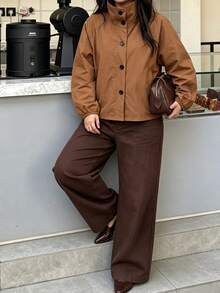 Elegantrix Fall/Winter Plus Size Women's Caramel Color Woven Stand Collar Button-Up Lantern Sleeve Short Jacket,Commuter Casual Versatile Outerwear Going Out Top - Brown - View 2