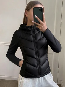 女童冬季連帽長袖休閒修身輕量填充外套，抓絨，適合深秋與初冬 - 黑色 - 查看 3