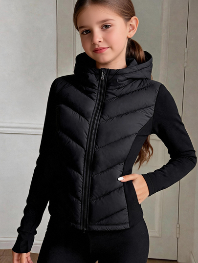 Girls' Winter Hooded Long Sleeve Casual Fitted Lightweight Padded Coat, Suitable For Late Autumn And Early Winter