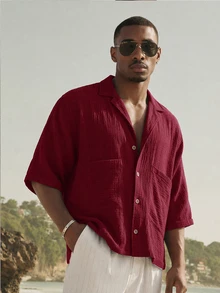 Mainfolk Men's Khaki Short-Sleeve Button-Up Shirt. Relaxed Fit, Classic Collar, Chest Pockets. Versatile For Beach Vacations & - Burgundy - View 6