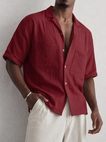 Mainfolk Men's Khaki Short-Sleeve Button-Up Shirt. Relaxed Fit, Classic Collar, Chest Pockets. Versatile For Beach Vacations & - Burgundy - View 3