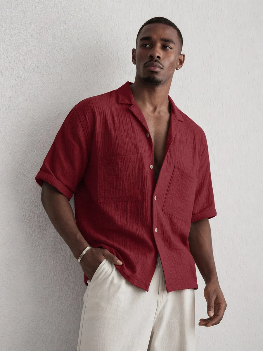 Mainfolk Men's Khaki Short-Sleeve Button-Up Shirt. Relaxed Fit, Classic Collar, Chest Pockets. Versatile For Beach Vacations &