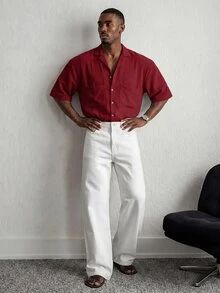 Mainfolk Men's Khaki Short-Sleeve Button-Up Shirt. Relaxed Fit, Classic Collar, Chest Pockets. Versatile For Beach Vacations & - Burgundy - View 2