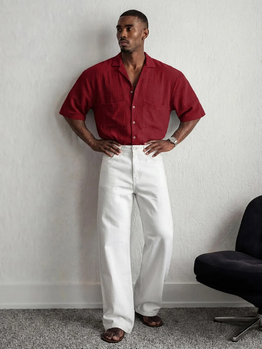 Mainfolk Men's Khaki Short-Sleeve Button-Up Shirt. Relaxed Fit, Classic Collar, Chest Pockets. Versatile For Beach Vacations &