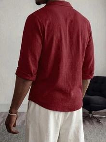 Mainfolk Men's Khaki Short-Sleeve Button-Up Shirt. Relaxed Fit, Classic Collar, Chest Pockets. Versatile For Beach Vacations & - Burgundy - View 4