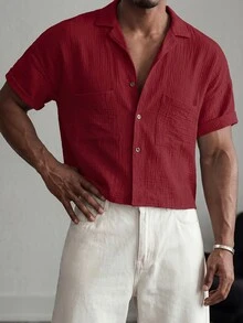 Mainfolk Men's Khaki Short-Sleeve Button-Up Shirt. Relaxed Fit, Classic Collar, Chest Pockets. Versatile For Beach Vacations & - Burgundy - View 5