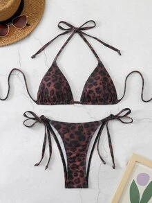 Bonvoyette Women's Sexy Deep-Colored Leopard Print Swimwear, Halter Neck Fashionable Bikini Set - Multicolor - View 3