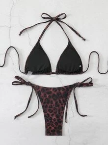 Bonvoyette Women's Sexy Deep-Colored Leopard Print Swimwear, Halter Neck Fashionable Bikini Set - Multicolor - View 2