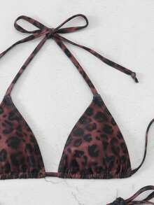 Bonvoyette Women's Sexy Deep-Colored Leopard Print Swimwear, Halter Neck Fashionable Bikini Set - Multicolor - View 5