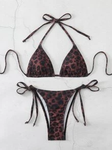 Bonvoyette Women's Sexy Deep-Colored Leopard Print Swimwear, Halter Neck Fashionable Bikini Set - Multicolor - View 4