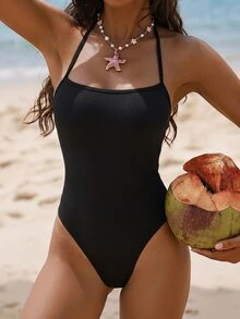 Swim Vcay 夏季海灘純色掛脖修身細肩帶連身泳衣 - 黑色 - 查看 4