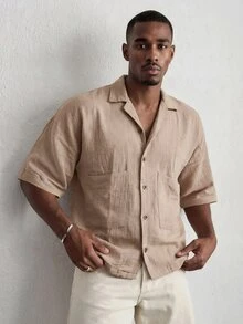 Mainfolk Men's Khaki Short-Sleeve Button-Up Shirt. Relaxed Fit, Classic Collar, Chest Pockets. Versatile For Beach Vacations & - Khaki - View 4
