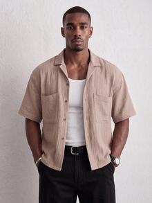 Mainfolk Men's Khaki Short-Sleeve Button-Up Shirt. Relaxed Fit, Classic Collar, Chest Pockets. Versatile For Beach Vacations & - Khaki - View 7