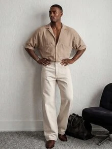 Mainfolk Men's Khaki Short-Sleeve Button-Up Shirt. Relaxed Fit, Classic Collar, Chest Pockets. Versatile For Beach Vacations & - Khaki - View 2