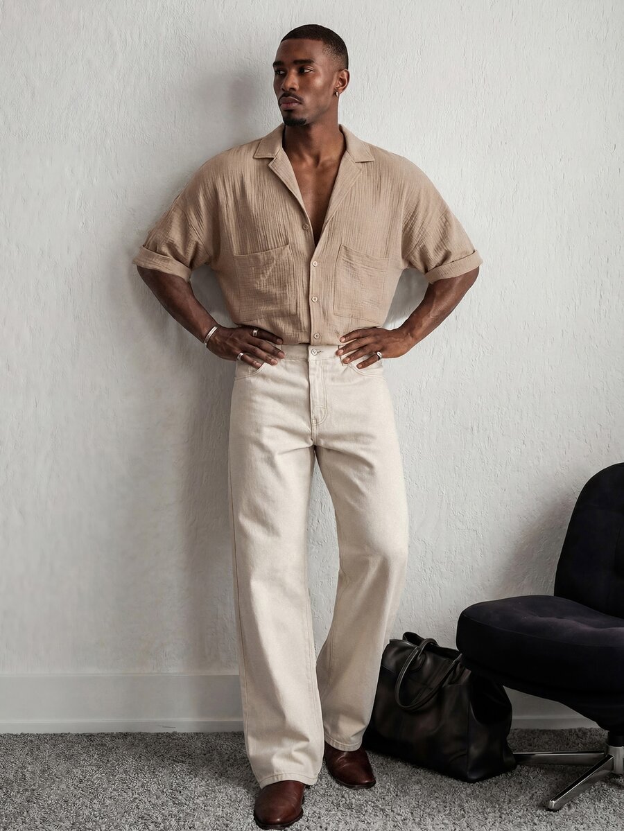 Mainfolk Men's Khaki Short-Sleeve Button-Up Shirt. Relaxed Fit, Classic Collar, Chest Pockets. Versatile For Beach Vacations &