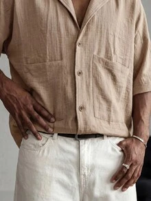 Mainfolk Men's Khaki Short-Sleeve Button-Up Shirt. Relaxed Fit, Classic Collar, Chest Pockets. Versatile For Beach Vacations & - Khaki - View 5