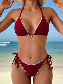 Swim Vcay 女士优雅酒红色挂脖三角比基尼套装，饰有白色撞色滚边和贝壳吊坠，侧边系带泳装，休闲夏季沙滩装，度假及节日盛装 - 酒紅色 - 查看 3