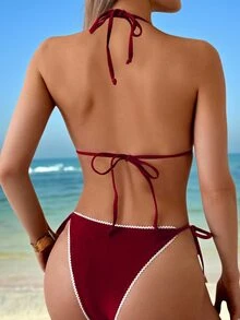 Swim Vcay 女士优雅酒红色挂脖三角比基尼套装，饰有白色撞色滚边和贝壳吊坠，侧边系带泳装，休闲夏季沙滩装，度假及节日盛装 - 酒紅色 - 查看 2