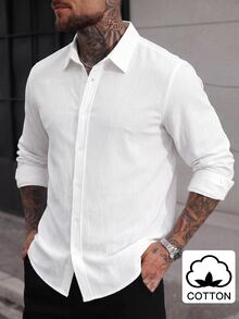 Manfinity Homme 男士長袖襯衫，紋理棉質長袖上衣，休閒日常通勤穿搭 - 白色 - 查看 3
