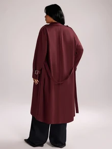 Rustia Plus Size Autumn Hong Kong Style Lace-Up Mid-Length Loose British Style Burgundy Long Trench Coat Jacket Fall - Burgundy - View 2