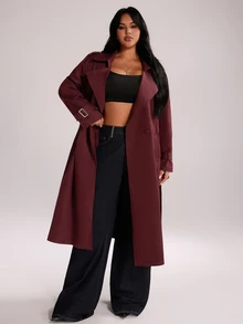 Rustia Plus Size Autumn Hong Kong Style Lace-Up Mid-Length Loose British Style Burgundy Long Trench Coat Jacket Fall - Burgundy - View 4
