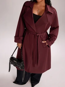 Rustia Plus Size Autumn Hong Kong Style Lace-Up Mid-Length Loose British Style Burgundy Long Trench Coat Jacket Fall - Burgundy - View 7