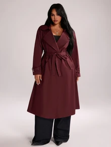 Rustia Plus Size Autumn Hong Kong Style Lace-Up Mid-Length Loose British Style Burgundy Long Trench Coat Jacket Fall - Burgundy - View 8