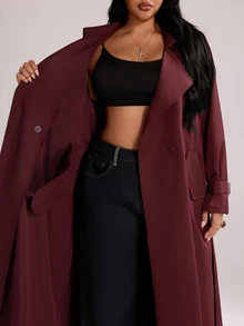 Rustia Plus Size Autumn Hong Kong Style Lace-Up Mid-Length Loose British Style Burgundy Long Trench Coat Jacket Fall - Burgundy - View 5