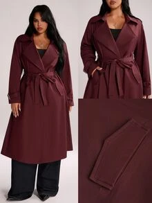 Rustia Plus Size Autumn Hong Kong Style Lace-Up Mid-Length Loose British Style Burgundy Long Trench Coat Jacket Fall - Burgundy - View 1