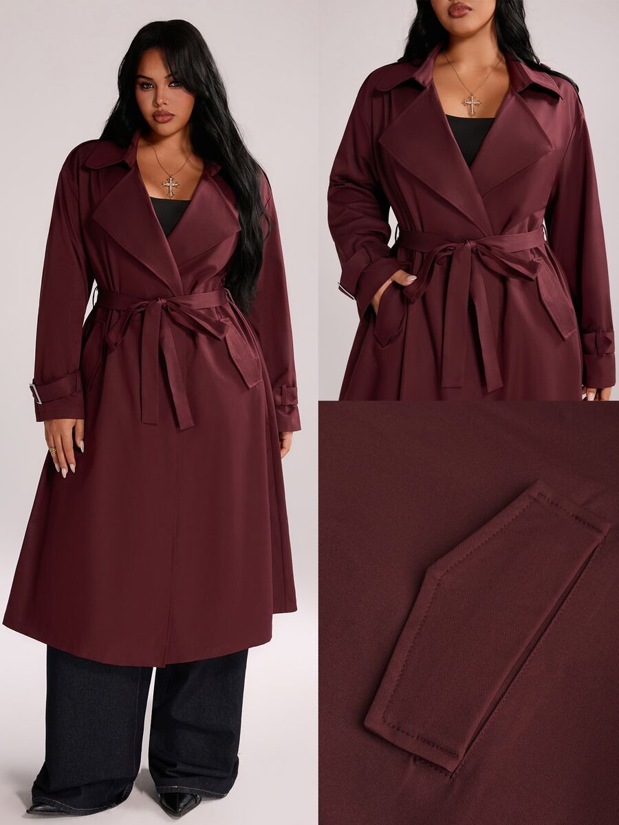 Rustia Plus Size Autumn Hong Kong Style Lace-Up Mid-Length Loose British Style Burgundy Long Trench Coat Jacket Fall - Burgundy - View 1