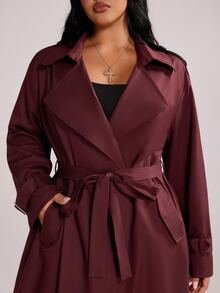 Rustia Plus Size Autumn Hong Kong Style Lace-Up Mid-Length Loose British Style Burgundy Long Trench Coat Jacket Fall - Burgundy - View 6