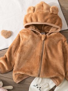 Conjunto de 2 piezas de pijama y ropa de estar en casa para bebé niña de otoño/invierno, gorro de felpa, top de manga larga de franela de doble cara con cremallera y conejo bordado con orejas 3D, pantalones ajustados, suave y cómodo - Multicolor - Ver 4