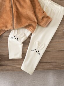 Conjunto de 2 piezas de pijama y ropa de estar en casa para bebé niña de otoño/invierno, gorro de felpa, top de manga larga de franela de doble cara con cremallera y conejo bordado con orejas 3D, pantalones ajustados, suave y cómodo - Multicolor - Ver 7
