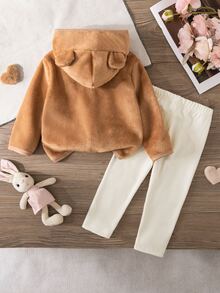 Conjunto de 2 piezas de pijama y ropa de estar en casa para bebé niña de otoño/invierno, gorro de felpa, top de manga larga de franela de doble cara con cremallera y conejo bordado con orejas 3D, pantalones ajustados, suave y cómodo - Multicolor - Ver 2