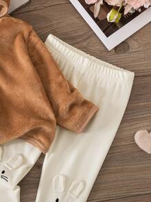 Conjunto de 2 piezas de pijama y ropa de estar en casa para bebé niña de otoño/invierno, gorro de felpa, top de manga larga de franela de doble cara con cremallera y conejo bordado con orejas 3D, pantalones ajustados, suave y cómodo - Multicolor - Ver 5