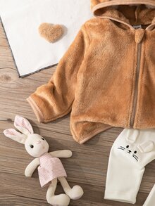 Conjunto de 2 piezas de pijama y ropa de estar en casa para bebé niña de otoño/invierno, gorro de felpa, top de manga larga de franela de doble cara con cremallera y conejo bordado con orejas 3D, pantalones ajustados, suave y cómodo - Multicolor - Ver 6