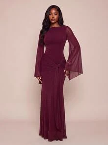 Lumalex Women's Extra Long Fitted Dress With Large Sleeves, Mesh Fabric, Flowy Tie Straps And Ribbon - Burgundy - View 3