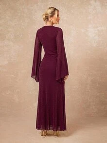 Lumalex Women's Extra Long Fitted Dress With Large Sleeves, Mesh Fabric, Flowy Tie Straps And Ribbon - Burgundy - View 9
