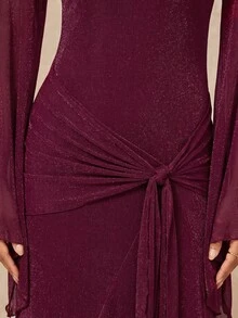 Lumalex Women's Extra Long Fitted Dress With Large Sleeves, Mesh Fabric, Flowy Tie Straps And Ribbon - Burgundy - View 6