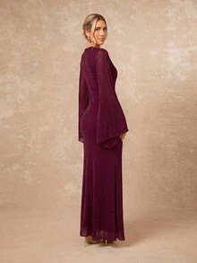 Lumalex Women's Extra Long Fitted Dress With Large Sleeves, Mesh Fabric, Flowy Tie Straps And Ribbon - Burgundy - View 8